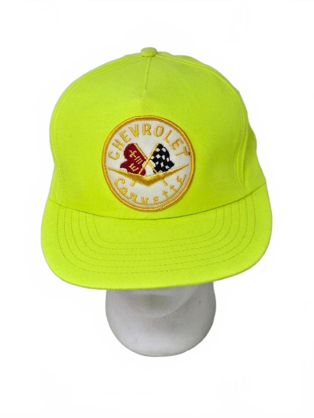 Vintage 80's Chevrolet Corvette Neon Yellow Trucker Hat Snapback Nylon Hat